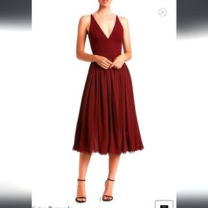 ANTHROPOLOGIE DRESS THE POP. burgundy midi dress plunge neck M wedding guest